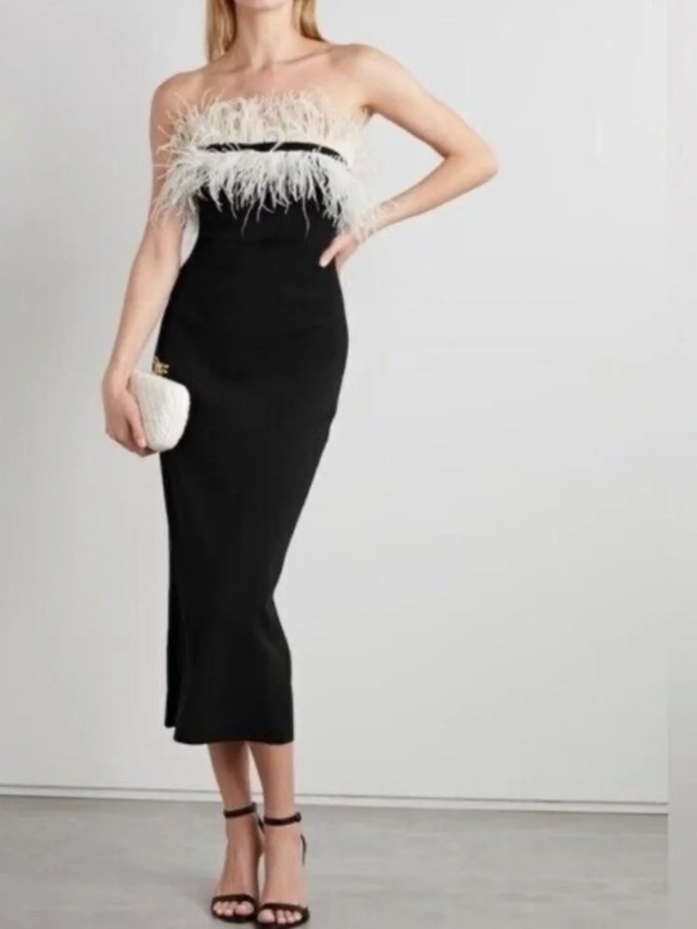 STAUD Black Feather Trim Strapless Midi Dress EUC | Bodycon Evening Cocktail XS